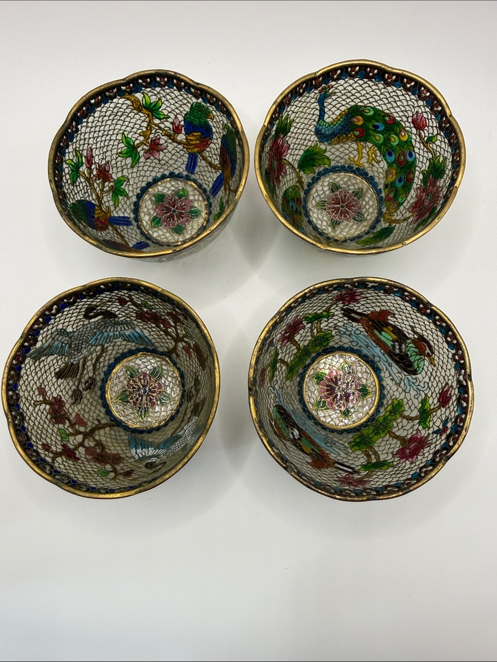 Vtg Chinese Plique a Jour Enamel Miniature or Trinket Bowls Set of 4 Bird Motif
